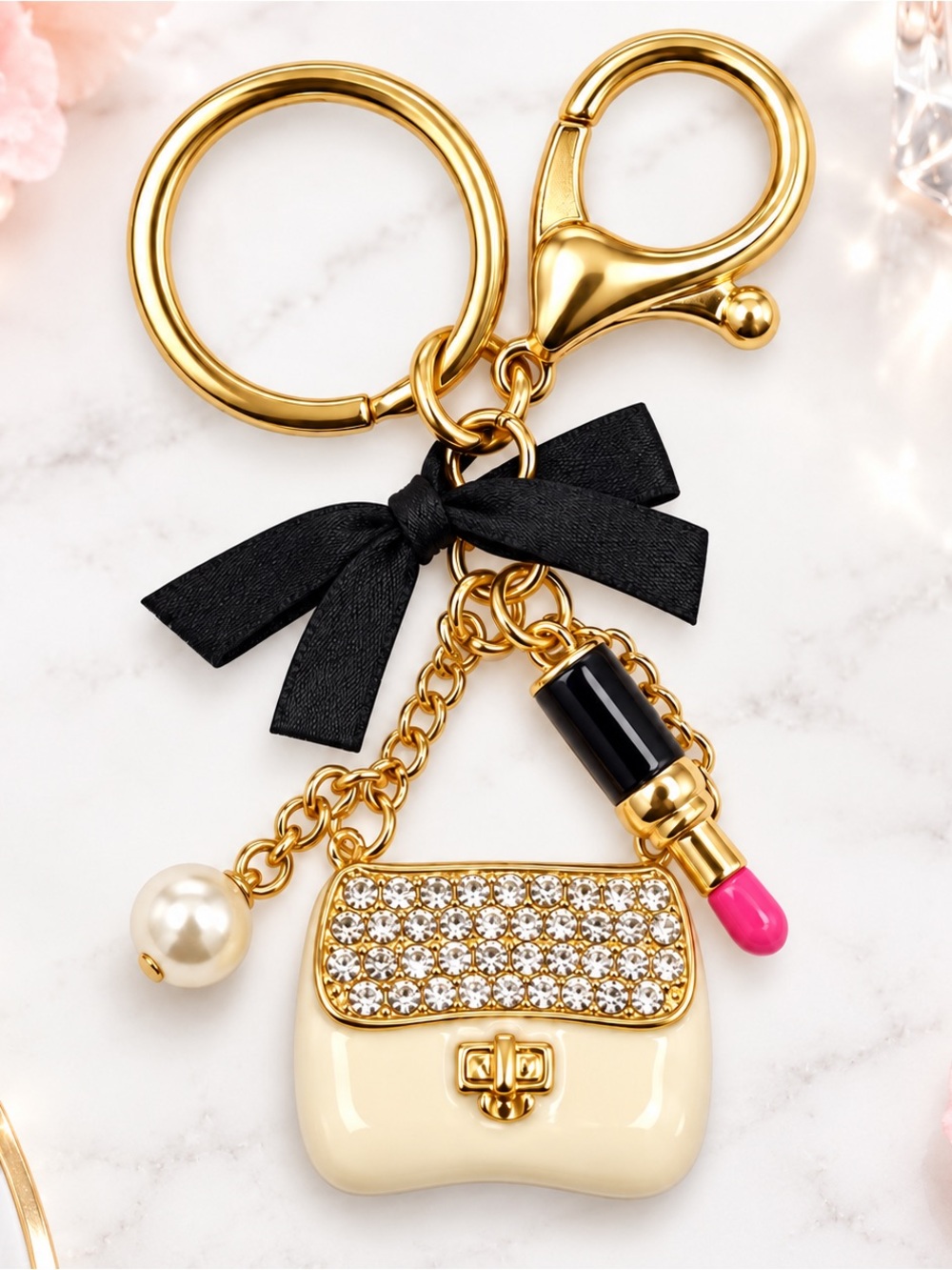 Gold White Enamel Handbag Keychain Rhinestone Pearl Purse Bag Charm NEW